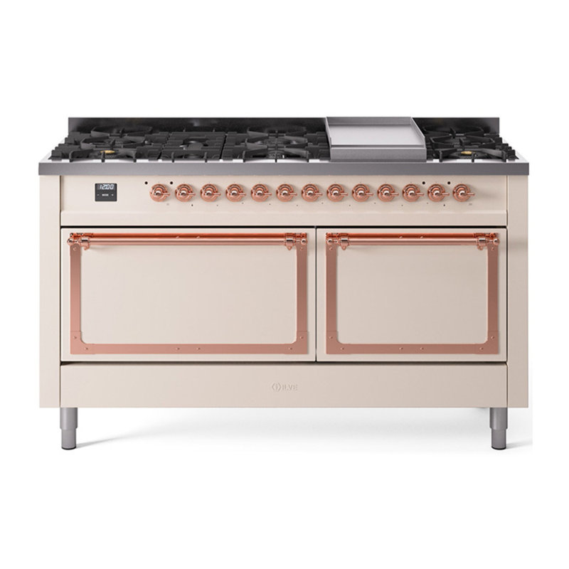 ILVE Nostalgie II Noblesse 60 in Dual Fuel Range, 9 Burner, Griddle, Liquid Propane, Antique White/Copper