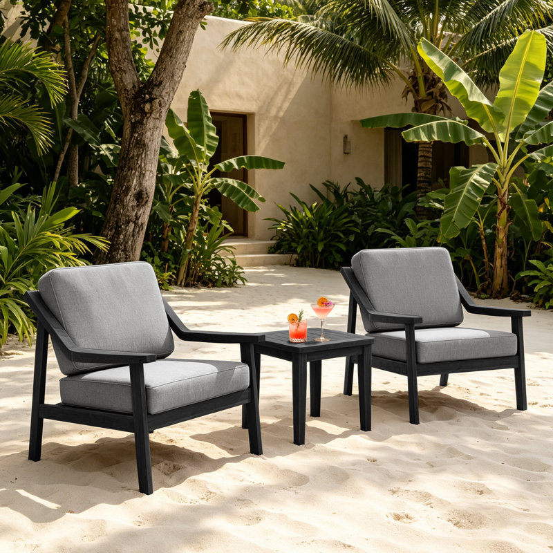 Ensemble de patio d'extérieur pour deux personnes en teck avec coussins et table d'appoint Marlo, Gris, Noir