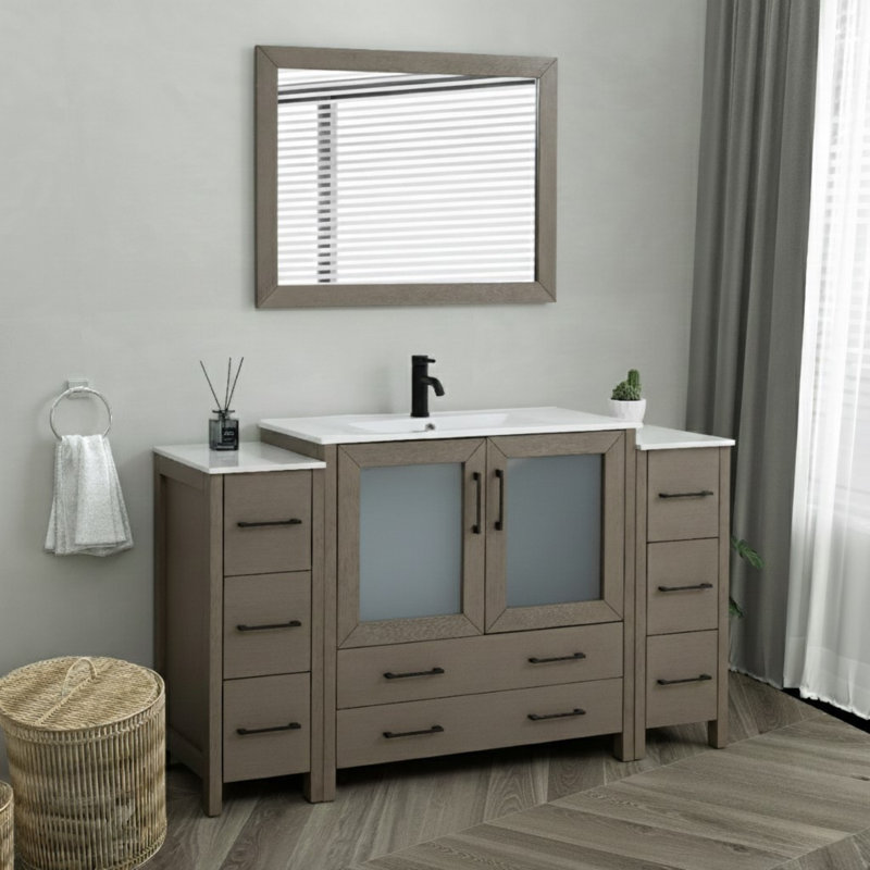 60" Single Bathroom Vanity with Top with Mirror, Driftwood Gray/Matte Black