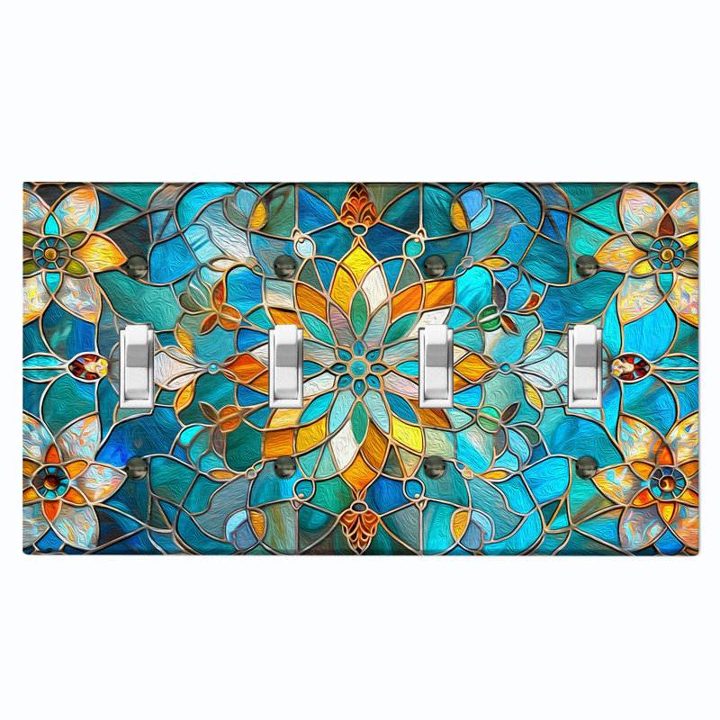 Plaque d'interrupteur en métal ; interrupteur à bascule 4 voies, taille standard américaine ; motif mandala en mosaïque de vitrail imprimé