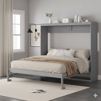 Grand lit escamotable mural gris.