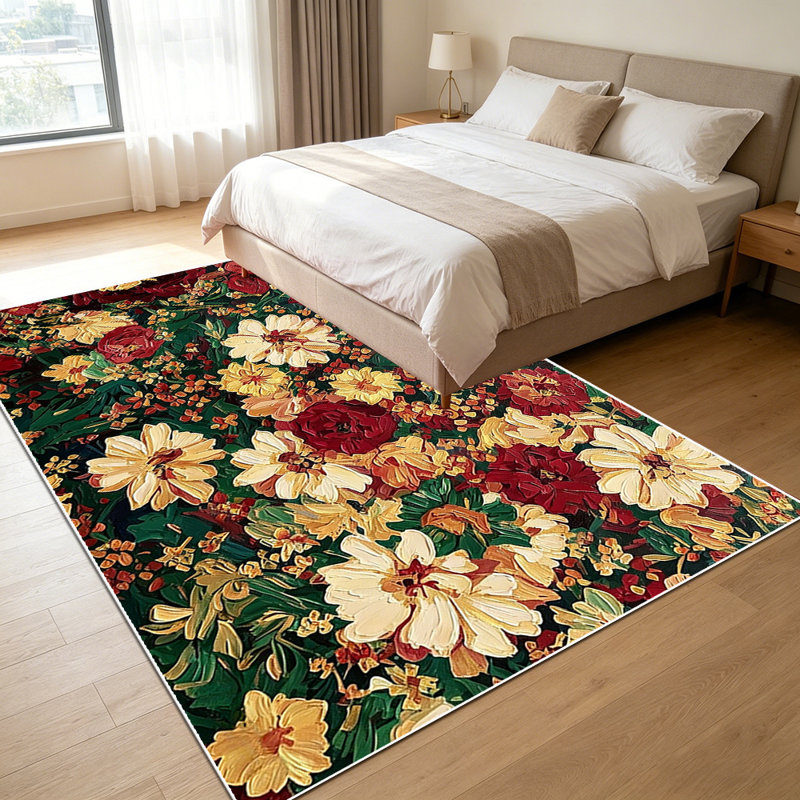 1PC Vintage Thick Oil Painting Burgundy Cream Gold Floral area rugs, Soft and Comfortable, easy-to-maintain, machine washable Indoor floor mat, suitable for living room, bedroom, dining area, entryway, backyard patio, front porch, Home Decor, Outdoor