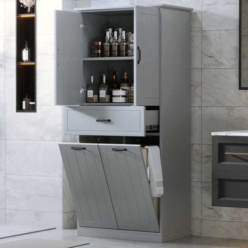 Grey Bathroom Cabinet With 2 Laundry Bags, & Painted, Adjustable Shelf, Tipping, Doors And Drawer For Home Use Storage Grey, House