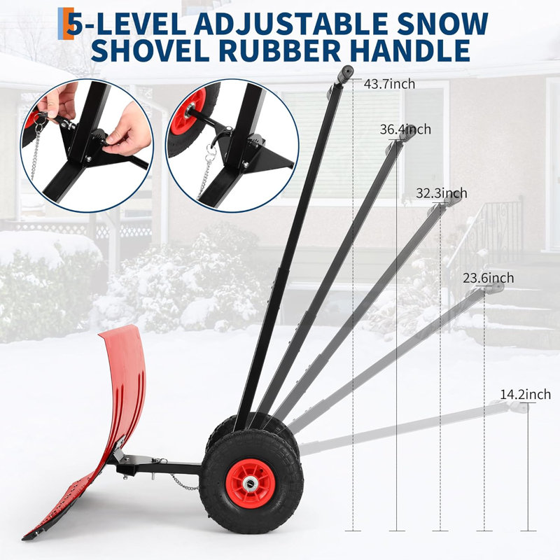 Heavy Duty Snow Shovel with Wheels,Steel Dual Handle Push Snow Pusher Shovel for Driveway Snow Removal, 5-Position Angle & Height Adjustable Handle, Sidewalk Yard Snow Plow