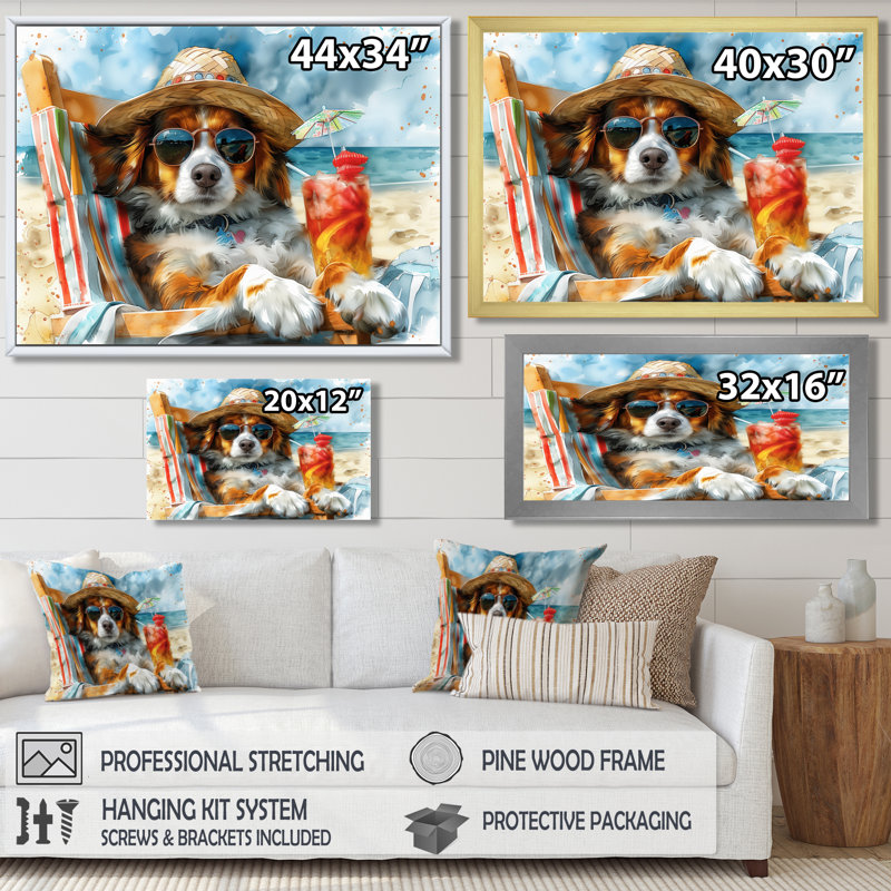 Bouvier bernois avec un cocktail sur la plage, Toile tendue, H 12 po x l 20 po x P 1 po