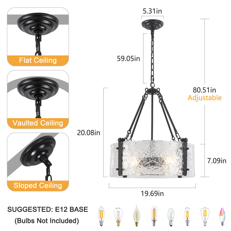 4 - Light 20 inch Dimmable Modern Black Drum Chandelier With Ripple Glass Shade
