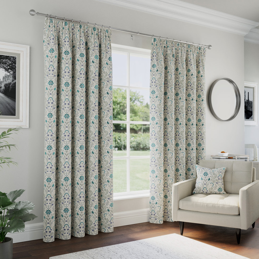 Luxury Floral Jacquard Thermal Blackout Pinch Pleat Curtain Panel Pair