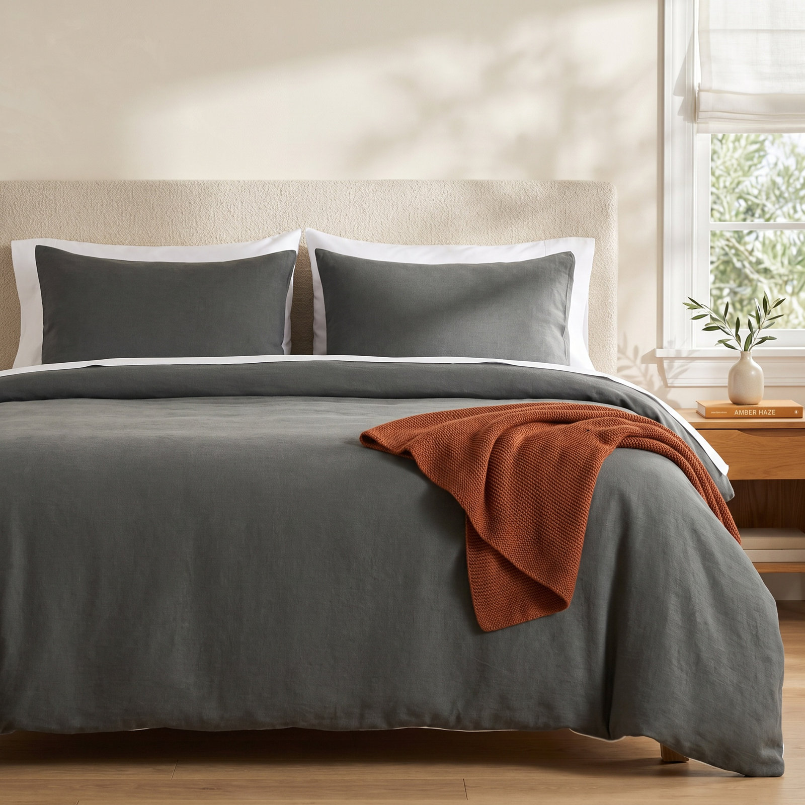 Pia Linen Duvet Cover Set, King Duvet Cover + 2 King Shams, Olive