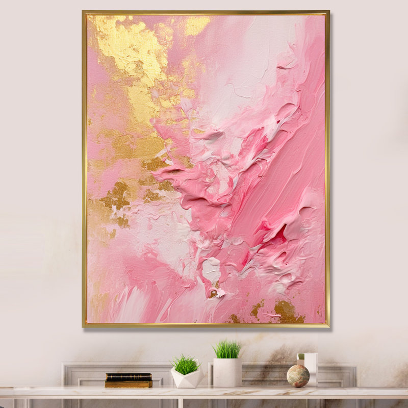 Rose et or «Energies nouvelles III», reproduction sur toile, Cadre flottant doré, H 44 po x l 34 po x P 1,5 po