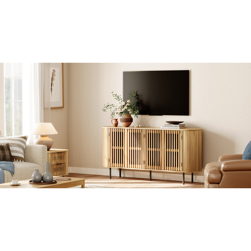 64" Mid-Century Modern Tv Stand  For 90 Inch Tv, Oak Wood