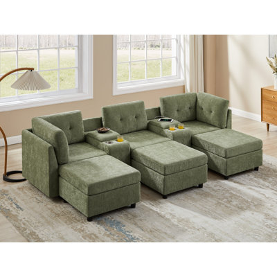 Chenille Upholstered Sectional Sofa With Storage Console