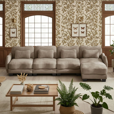 Modular Four Seat Chenille Sectional with Ottoman and Lumbar Pillows