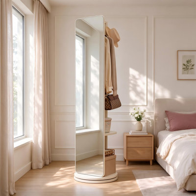 Miroir pleine grandeur rotatif à 360 ° 70 po x 19 po avec portemanteau, miroir en bois massif avec crochets et tablettes de rangement
