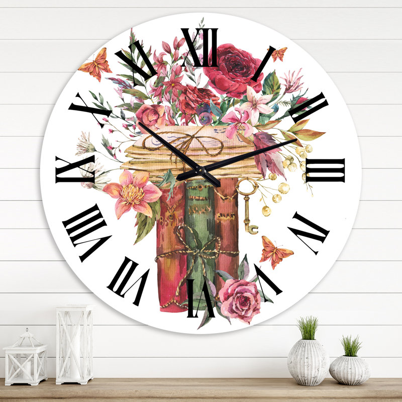 Horloge murale vintage avec livres anciens et fleurs sauvages, Surdimensionné