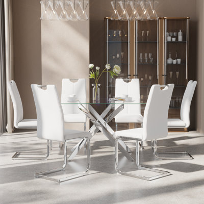 51inch Glass Dining Table Set, Modern Kitchen Table Set with High-Back PU Leather Upholstered Chair for Kitchen Dining Room