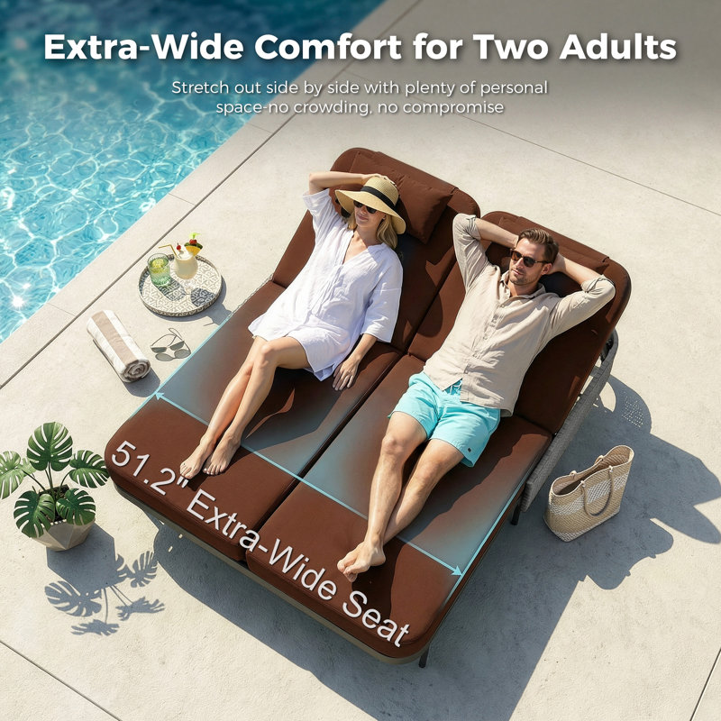 Lit de jour d'extérieur en osier pour 2 personnes, chaise longue de patio avec coussins et dossiers réglables à 6 positions