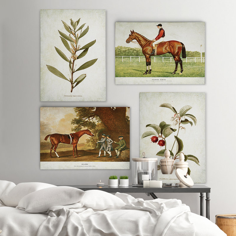 «Vintage Equesitrian and Floral Mix», ensemble de 4 reproductions d'art sur toiles, H 20 po x l 64 po x P 1 po