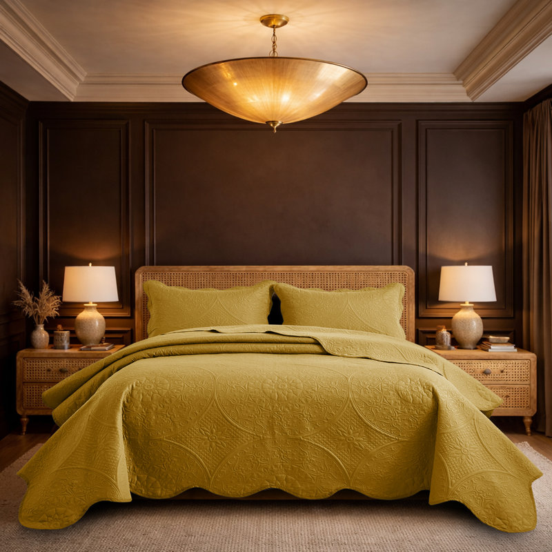 Moonlight Oversized Floral Embossed Bedspread Set – Lightweight Reversible Quilt Bedding with Pillow Shams, Ochre
