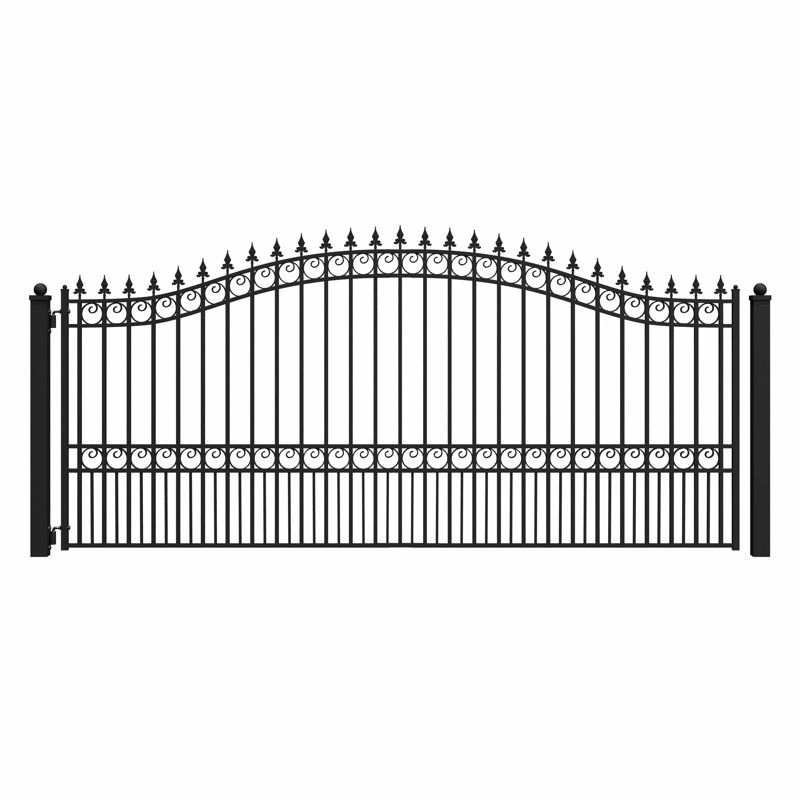 Black Steel Arched Ornamental Driveway Gate with Pointed Pickets