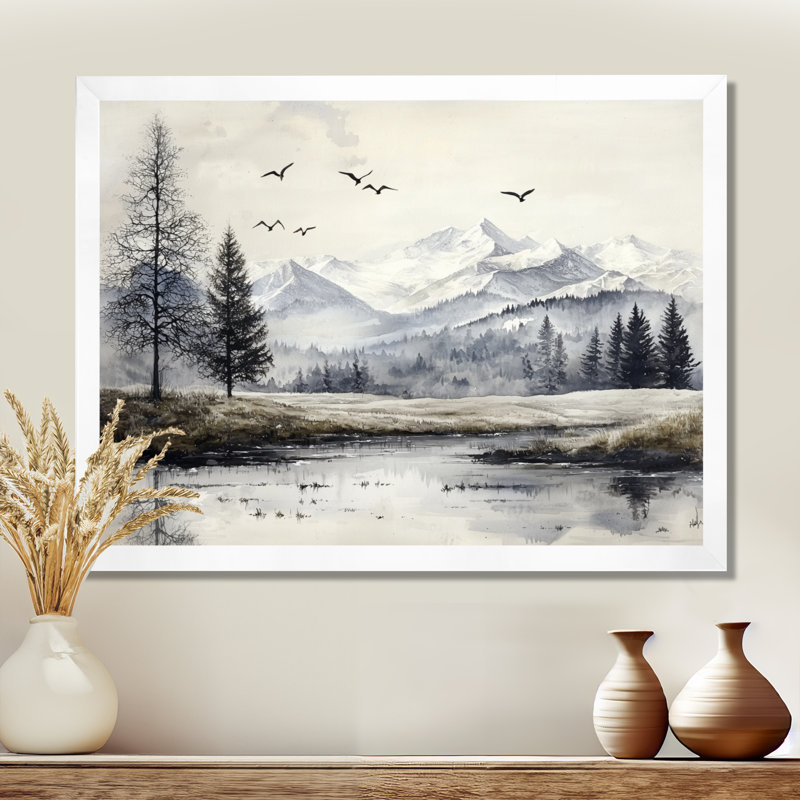 «Western Mountains Winter Charm I», impression de paysage de montagne, H 16 po x l 32 po, Blanc