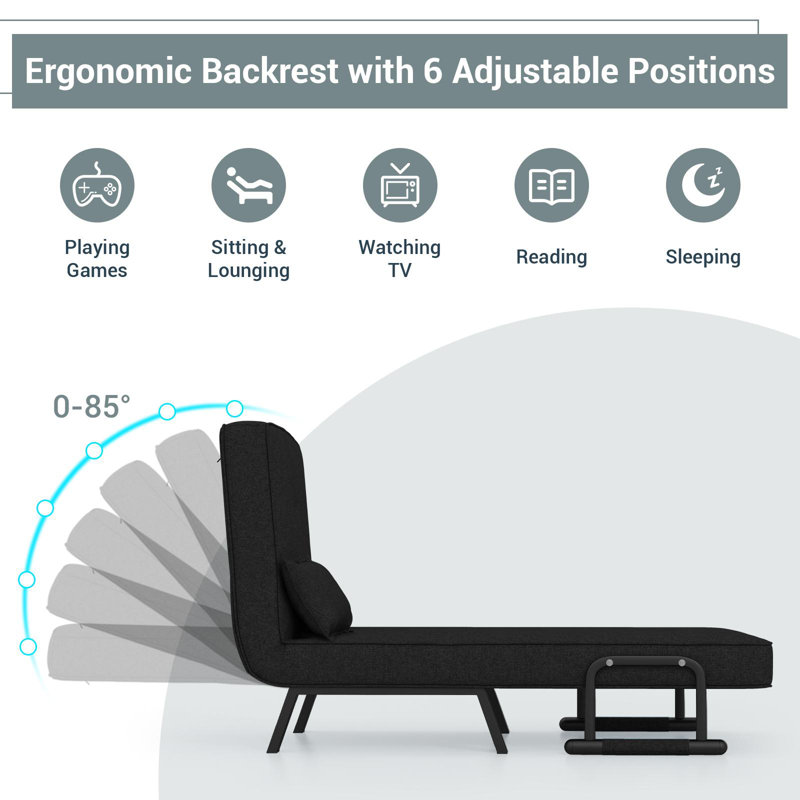 Single 25.5 " Upholstered Futon Chair, Black 100% Linen