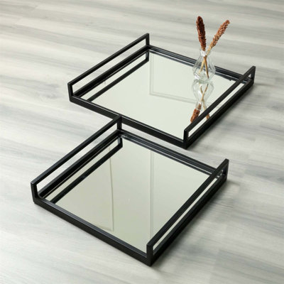 Plateau de service en verre fabriqué à la main avec cadre en métal - 20 x 20 x 3 pouces, design rustique et élégant pour le divertissement, ensemble de 2