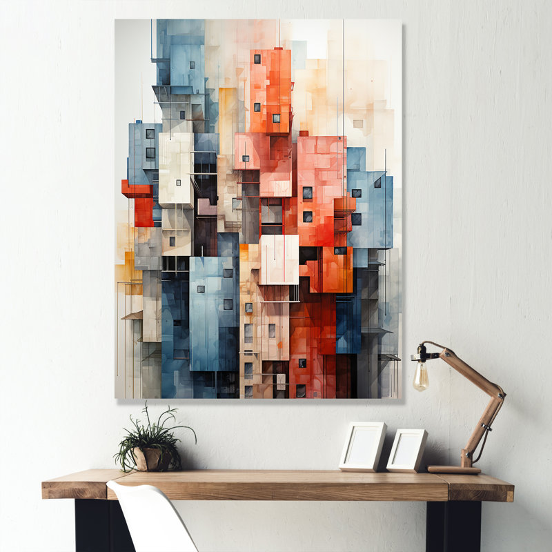 " Multicolor Cubic Skyscrapers Cityscape ", Wrapped Canvas, 32" H x 16" W