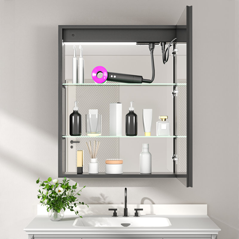24 In. W X 30 In. H Rectangular Aluminum LED Medicine Cabinet with Mirror and Flowing Light, Dimmable, Anti-Fog, Black