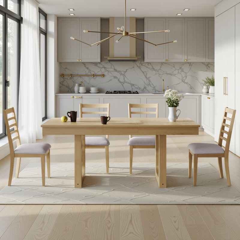 Extendable Farmhouse Dining Set - 60" to 78" Rustic Table & 4 Upholstered Chairs, 5, Natural