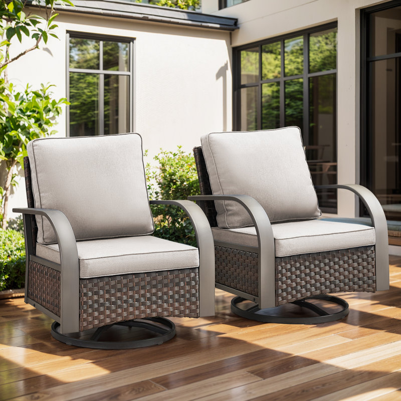 Bobra Patio Wicker Rattan Swivel Outdoor Rocking Chairs with cushions (Set Of 2), Beige