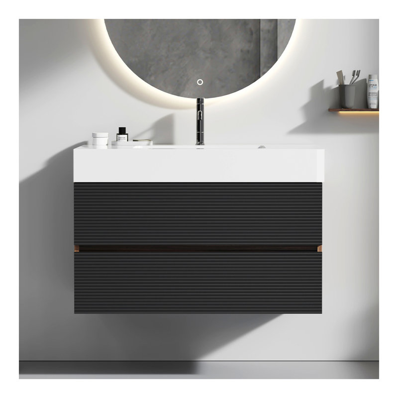 Meuble-lavabo Grace en noyer avec lavabo à surface solide et tiroirs noir doux, Blanc lustré