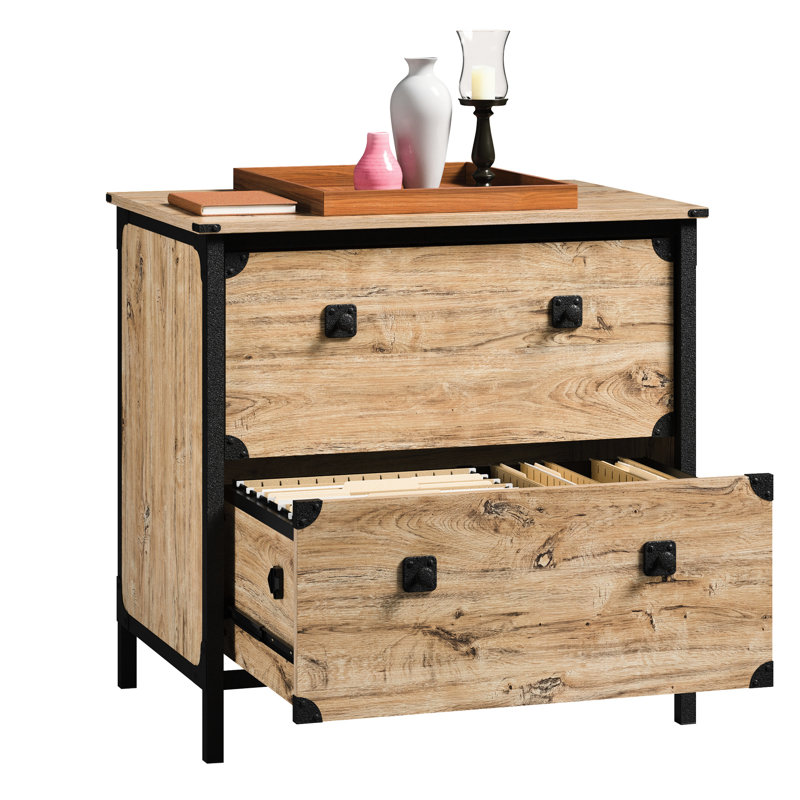 Classeur latéral beige et naturel récupéré pour l'espace de vie, design industriel rustique, deux tiroirs de rangement à extension complète, entrées appropriées, finition brune pour compléter le style de décor, cadre en métal,