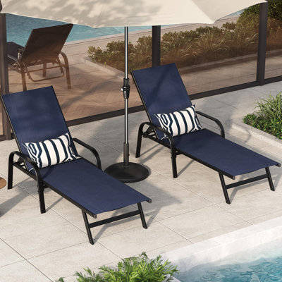 Chaise Lounge Chair Outdoor, Patio Lounge Chair with 5 Position Adjustable Backrest, Set of 2 Patio Pool Lounge Chairs for Outside Poolside Beach Lawn, Dark Blue
