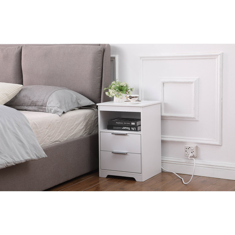 Table de chevet avec station de charge, table de bout à 2 tiroirs, table de bout en bois avec tiroir et tablette d'ouverture, table d'appoint pour chambre à coucher, blanc