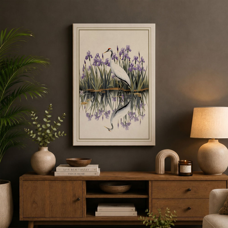 Irises in Reflection Botanical - Wrapped Canvas, 36x24 - 91.4 x 61.0 cm, Sage Border