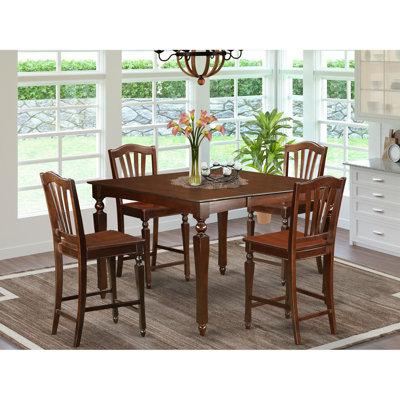 5 Piece Counter Height Pub Set Includes a Square Dining Table with Butterfly Leaf and 4 Dining Room Chairs, 54x54 Inch, Mahogany