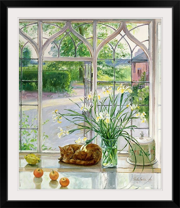 «Yonkers Irises and Sleeping Cat, 1990» par Timothy Easton, reproduction d'art, H 38 po x l 32 po x P 1 po, Cadre noir