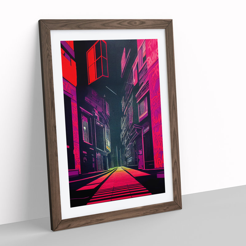Neon City Architecture - Framed Print, 46cm H x 34cm W x 2cm D, Walnut