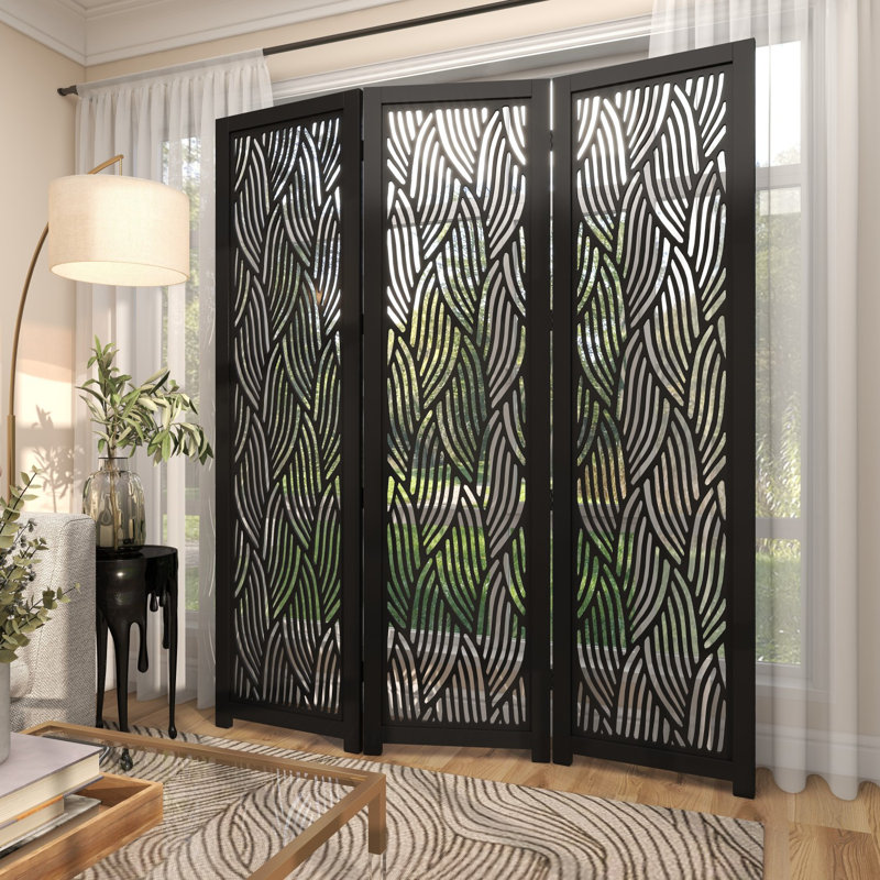 Anuva Black Mango Wood Abstract Wavy Cutout 3 Panel Partition Room Divider Screen, 60" x 1" x 72", Black