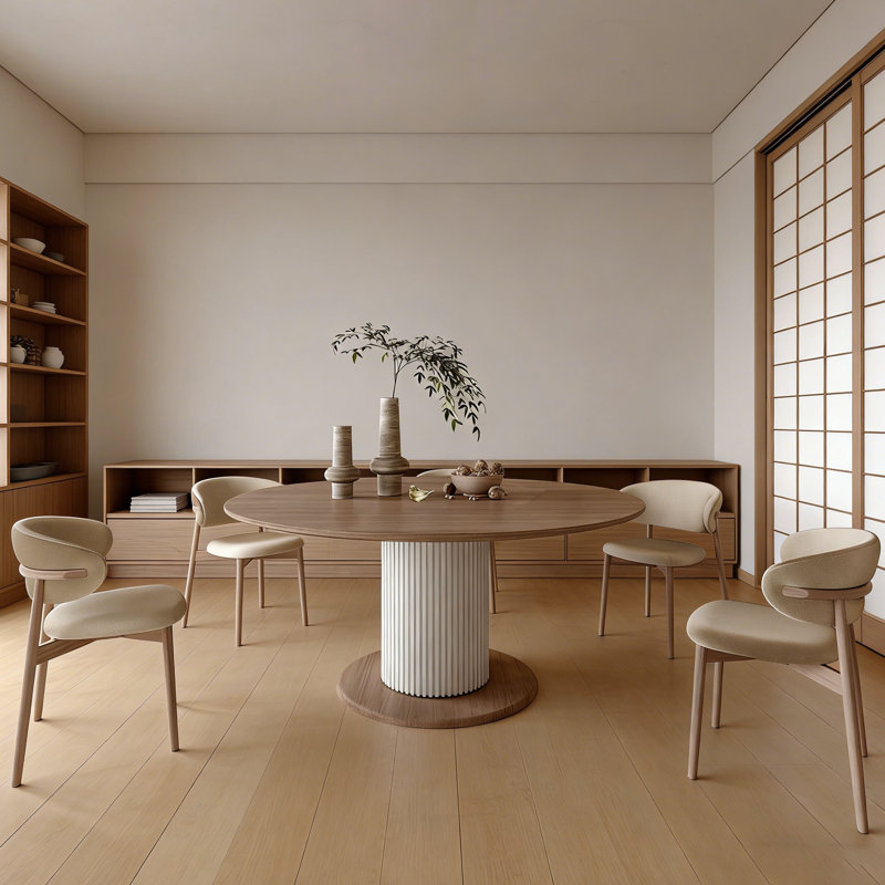 Table de salle à manger ronde en bois massif crème, Ensemble de cinq pièces : table, quatre chaises