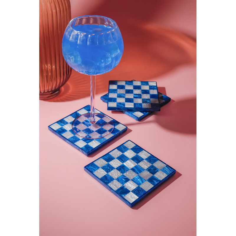Ensemble de sous-verres en résine Cobalt Checker, Bleu
