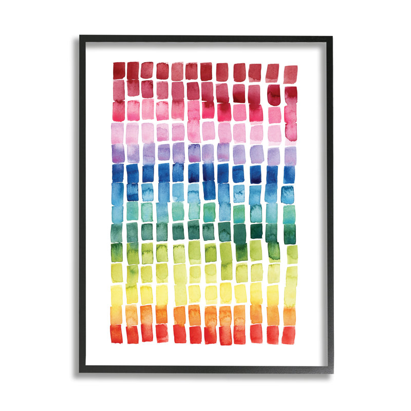 Carreaux géométriques aquarelle arc-en-ciel sur blanc, Giclée encadrée noir minuit, H 30 po x l 24 po x P 1,5 po