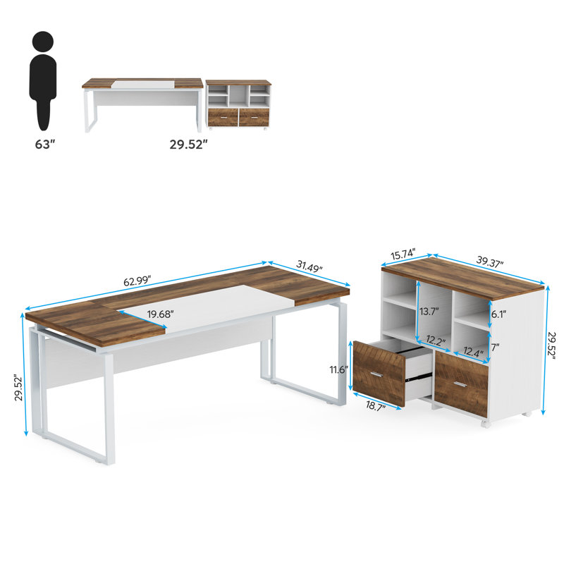 Burgener L-Shape Executive Desk with File Cabinet, Brown/White