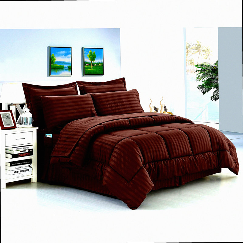 Chocolate SilkEase Wrinkle-Free Stripe Bed Set - 8pc Full/Queen Comforter Ensemble - Luxe Softness, Easy Care - Bed-in-a-Bag