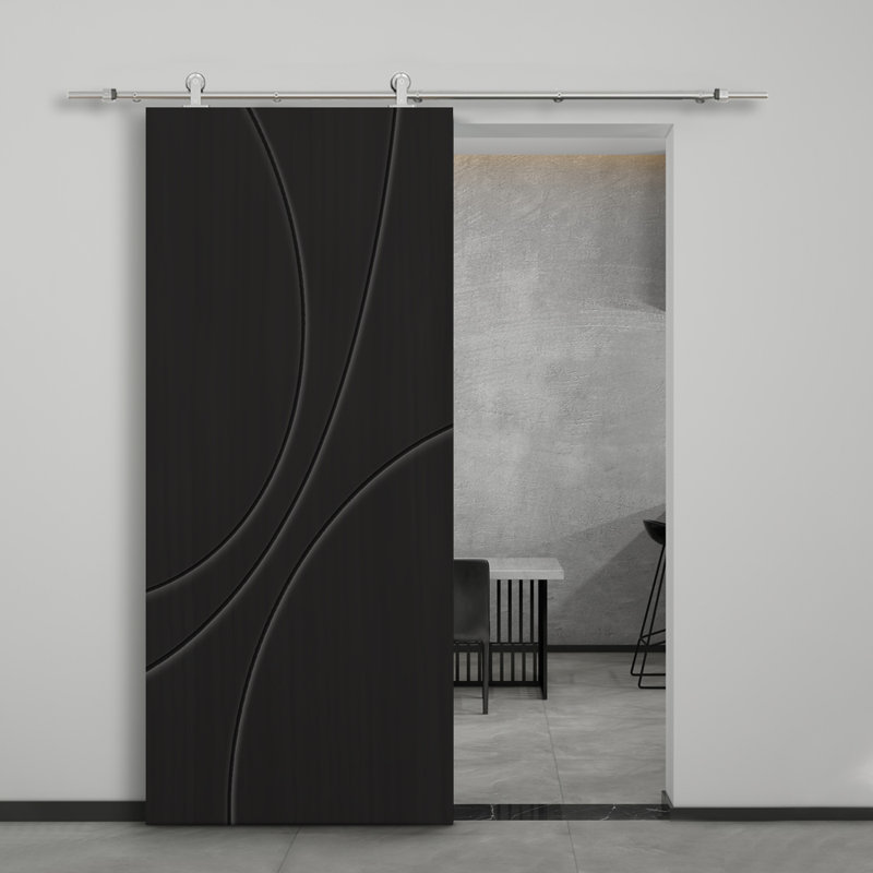 Porte de grange à panneaux et en bois avec quincaillerie d'installation, 30 po x 80 po, Noir, Acier inoxydable