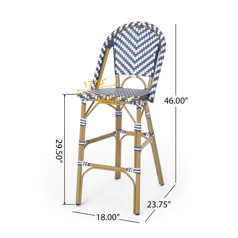 Ensemble de 2 tabourets de bar 29,5 po en rotin français d'extérieur, bleu marine et blanc avec structure en aluminium et finition en bambou