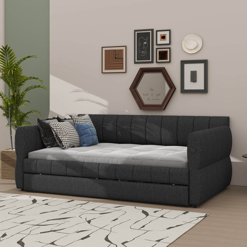 Grand lit plateforme tapissier en tissu avec lit gigogne escamotable, gris