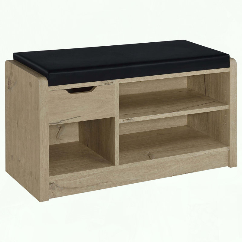 Banc de rangement en chêne blanc avec coussin et tiroir en similicuir, Naturel