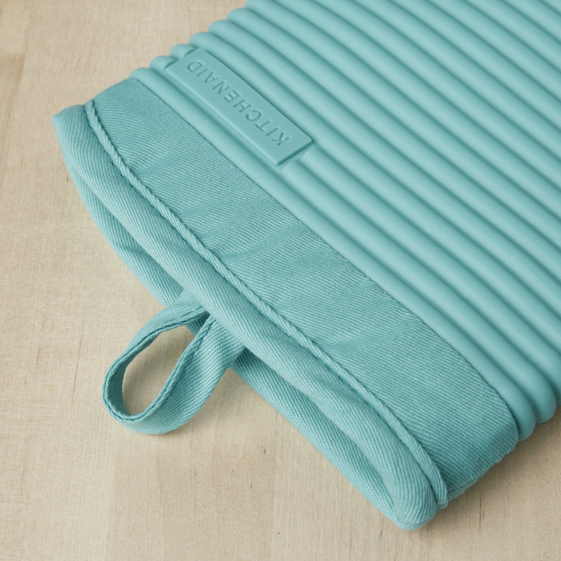 Aqua Sky Ribbed Silicone Oven Mitt Set with Cotton Cuff