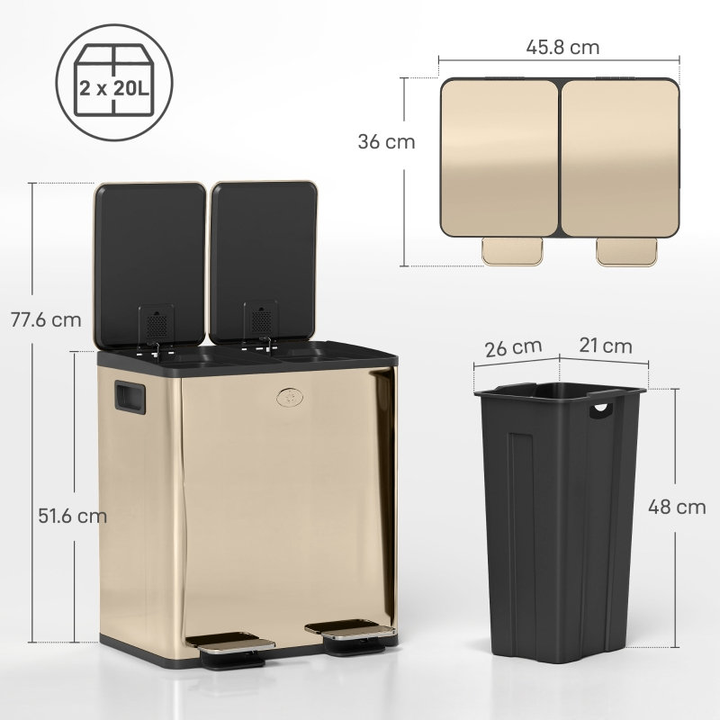 40L Dual Compartment Stainless Steel Bin 45.8*36*51.6 cm Stainless Steel 1 Piece Recycling Bin Silver Dual Compartment for Recycling